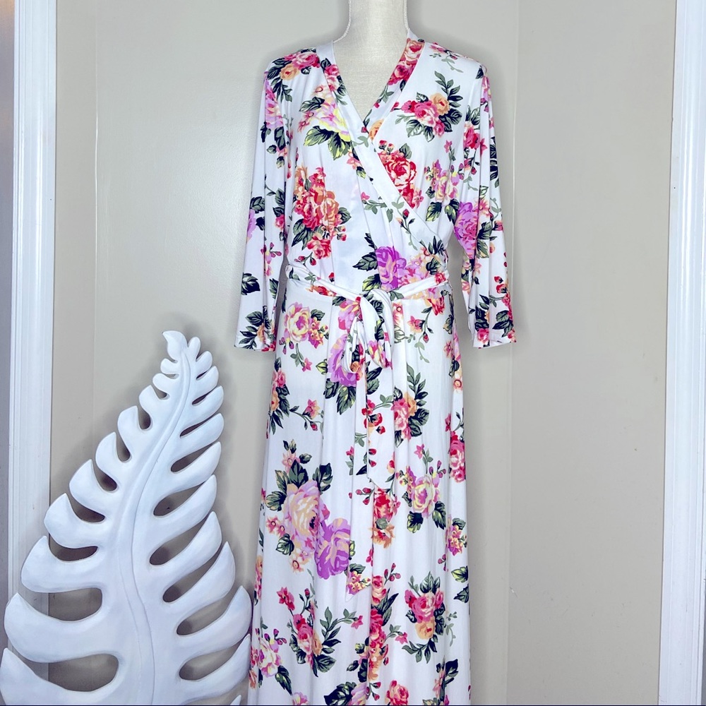 White Pink Green Yellow Floral Long Sleeve Belted Faux Wrap Maxi Dress Size 2X
